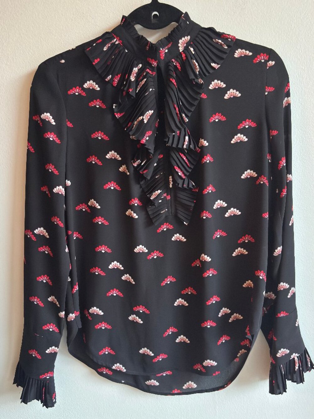 Ann Taylor Black Fan Print Pleated Ruffle Blouse - S